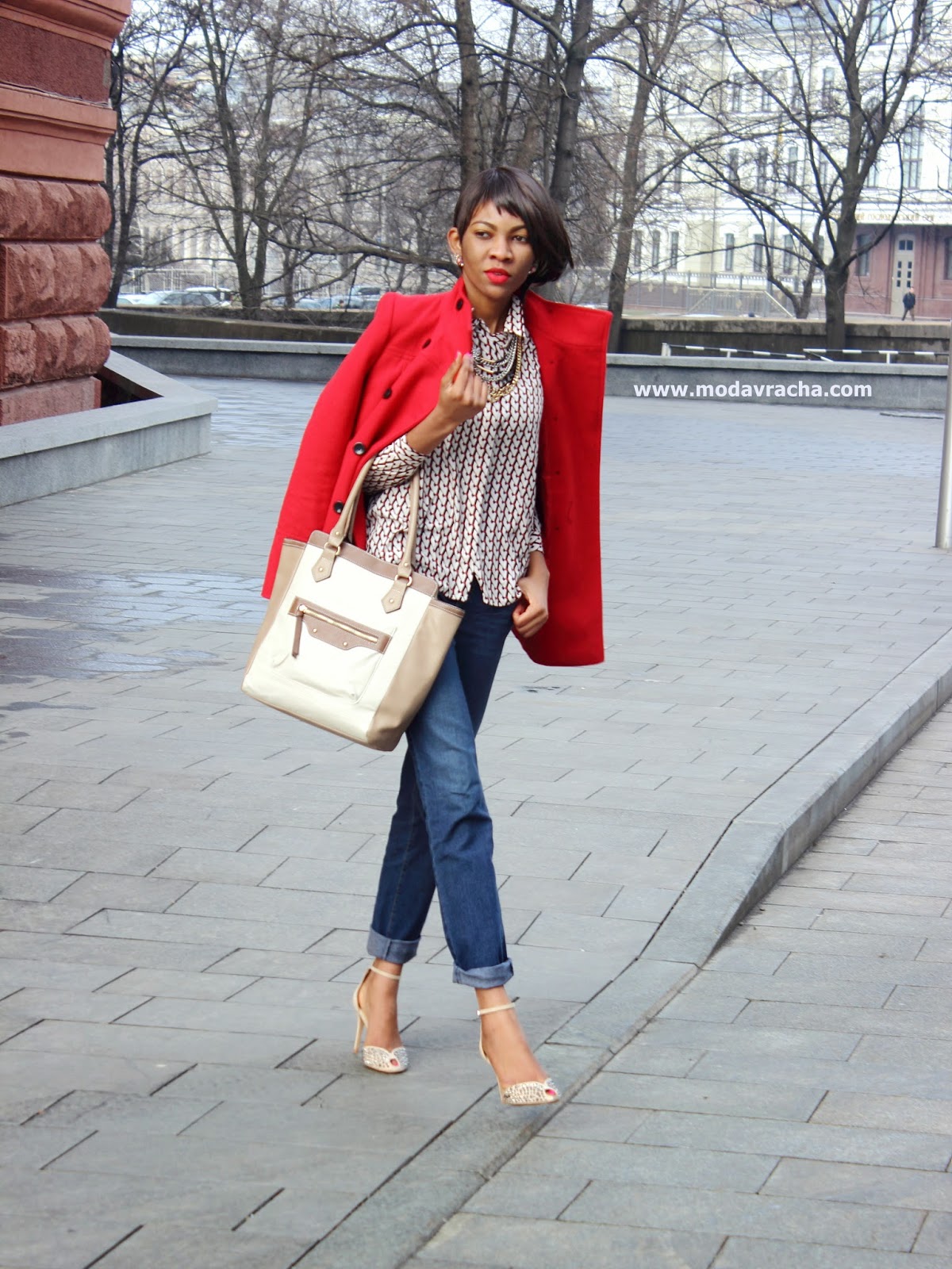 red shirt and jeans outfit