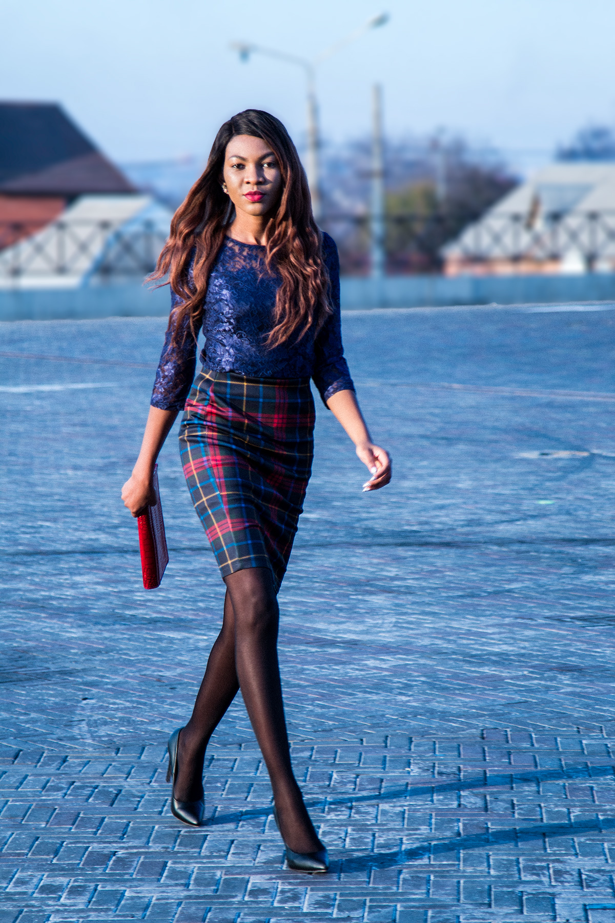 Black Lace Tights with Blue Dress Outfits (2 ideas & outfits